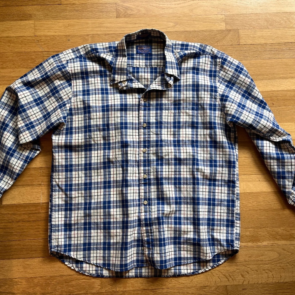 Pendleton Wool Plaid Shirt Blue White Button Up Men’s XL